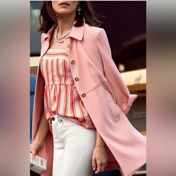 CAbi Take 5 Long Topper Jacket Coat Pink Tweed Button Front Sz M Career Stretch - Picture 2 of 15